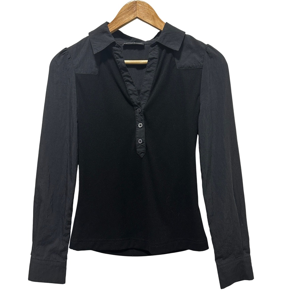 Robertson &‎ Rodeo Mixed Media Top Womens Small Black Ribbed Knit Button V-Neck